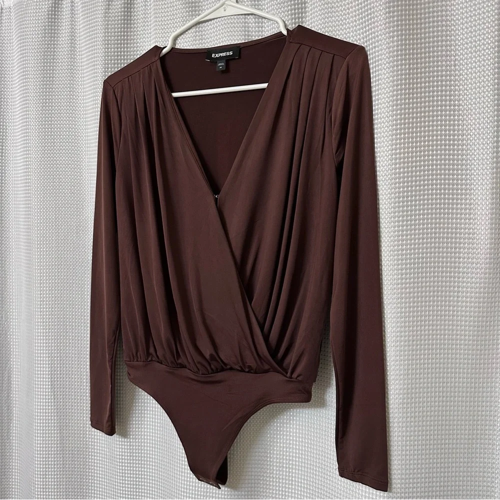 Express • Long-Sleeve Wrap Front Bodysuit • Chocolate Brown • Size XS - Picture 4 of 8
